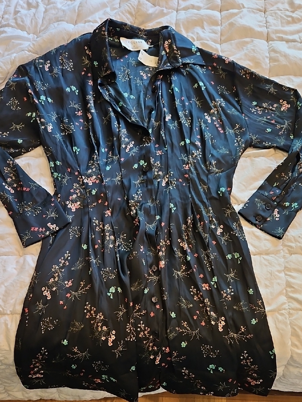 Equipment Black Floral Silk Button-Down Dress with Pink & Green Accents